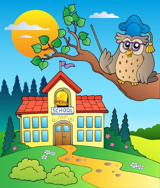 Owl teacher with school building — Stock Vector