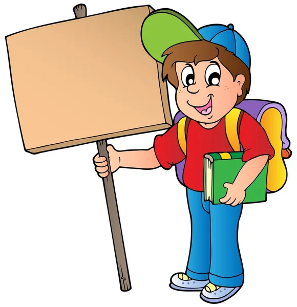 Шкільний хлопчик тримає дерев'яну дошку — стоковий вектор