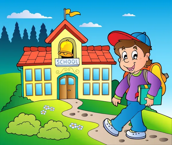 Θέμα με το αγόρι και το σχολικό κτίριο — Διανυσματικό Αρχείο