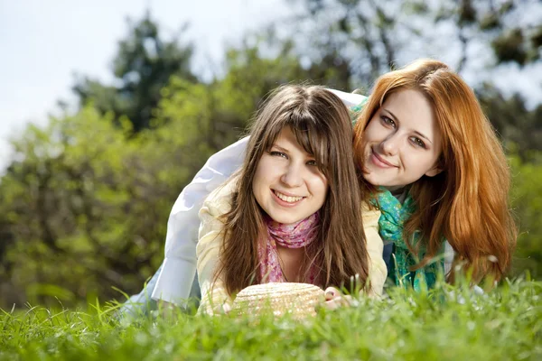 Girlfriends at green grass in the park. — Stock Photo, Image