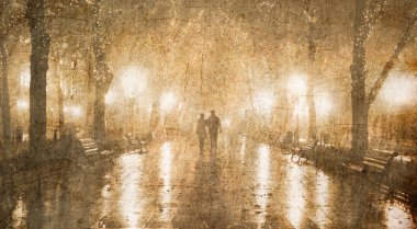 Couple walking at alley in night lights. Photo in old color imag clipart