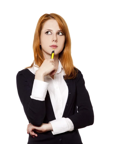 Redhead zakelijke vrouwen met pen. — Stockfoto