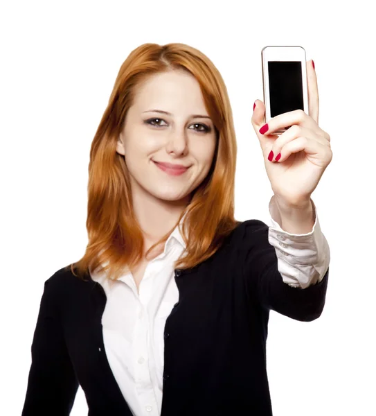 Rödhårig affärskvinnor Visa sin mobil. — Stockfoto