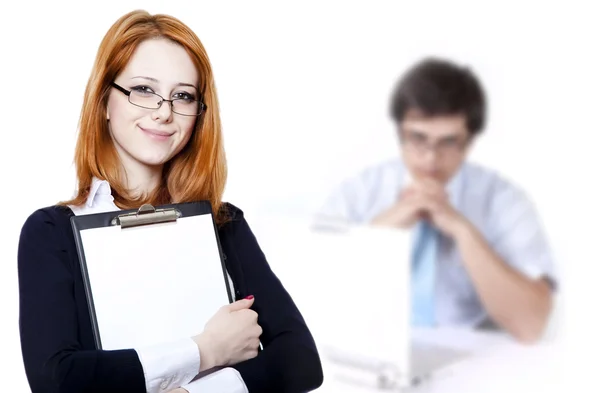 Retrato de la mujer de negocios con una carpeta de representación y jefe — Foto de Stock