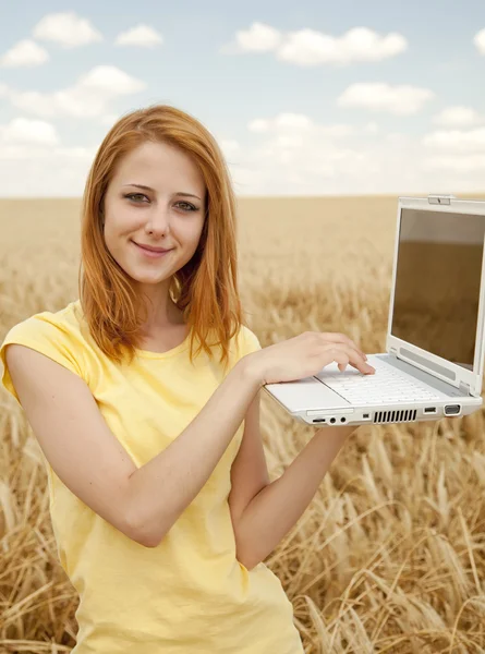 Redhead girl with laptop at wheat field. — Stock Photo, Image