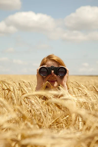 Руда дівчина з біноклем на пшеничному полі . — стокове фото