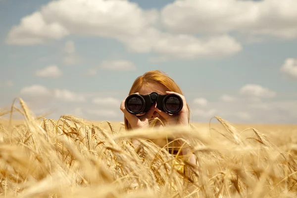 Roodharige meisje met verrekijker aan het tarweveld. — Stockfoto