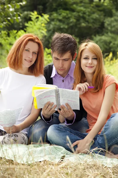 Drei Schüler bei Hausaufgaben im Freien. — Stockfoto