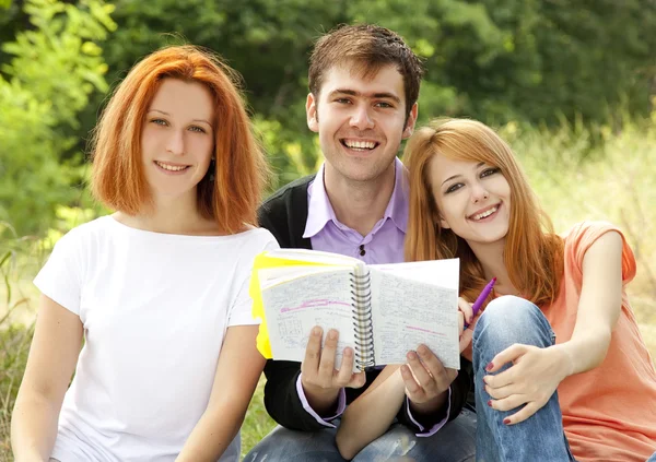 Three students at outdoor doing homework. — Stock Photo, Image