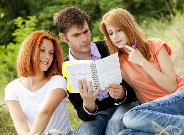 Tres estudiantes al aire libre haciendo la tarea . — Foto de Stock