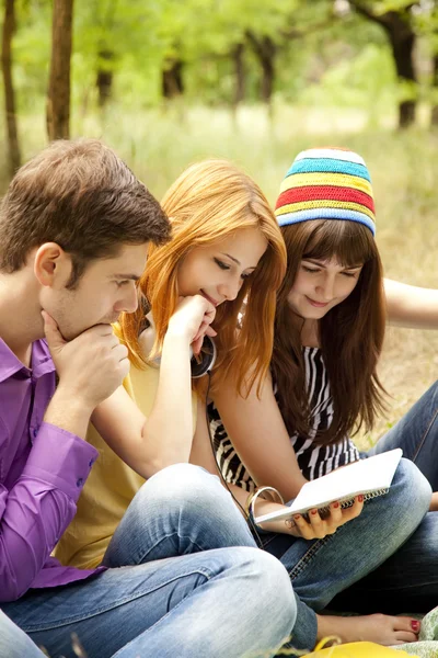 Tres estudiantes al aire libre haciendo la tarea . — Foto de Stock