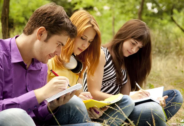 Três estudantes ao ar livre fazendo lição de casa . — Fotografia de Stock