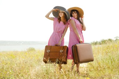 İki valiz kırsal retro tarzı kızla.
