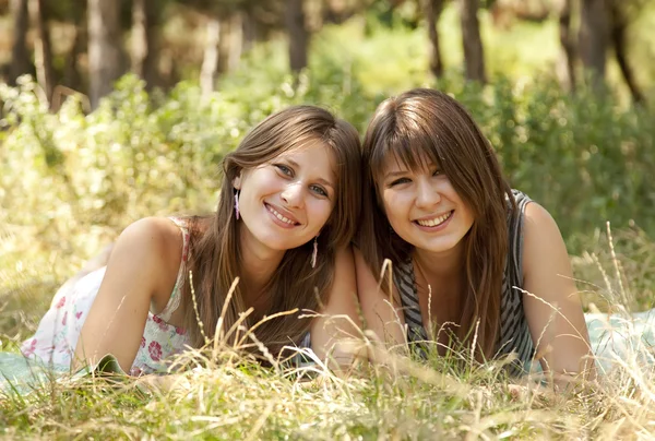 Две счастливые сестры в парке . — стоковое фото