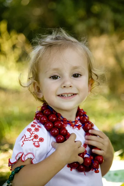 Malá holčička v tradiční ukrajinské kostýmu na zelené trávě na t — Stock fotografie