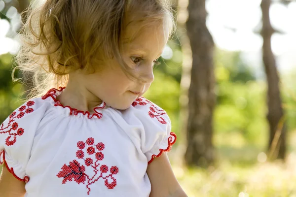 Kleines Mädchen in traditioneller ukrainischer Tracht auf grünem Gras bei t — Stockfoto