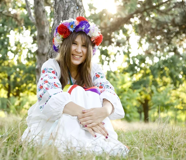 Girl in national slavic costumes at outdoor. — Stock Photo, Image