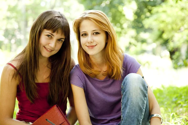 做作业在公园的两个女朋友. — 图库照片