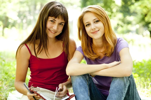 Twee vriendinnen huiswerk in het park. — Stockfoto