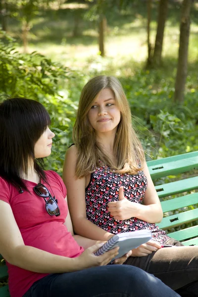 Two girlfriends doing homework at the park. — Stock Photo, Image