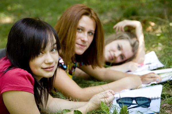 Three girlfriends doing homework at the park. — Stock Photo, Image