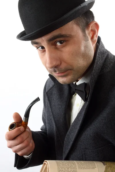 Uomo con tubo e cappello bombetta — Foto Stock