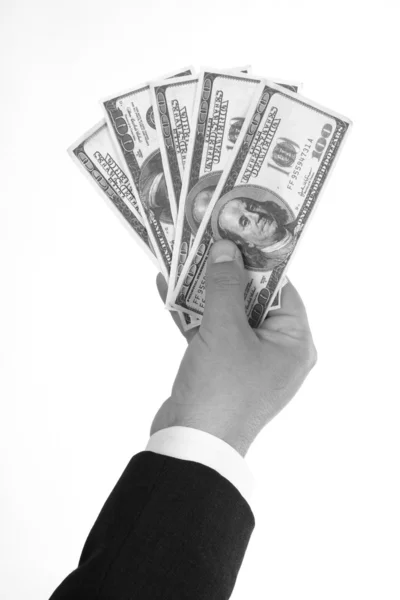 Mão do homem segurando notas de dólar — Fotografia de Stock