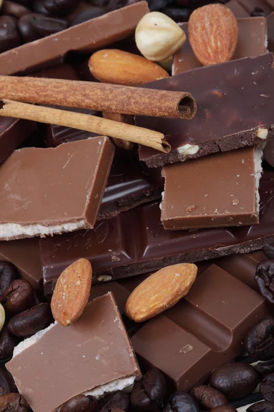 Chocolade, hazelnoten en koffie bonen — Stockfoto