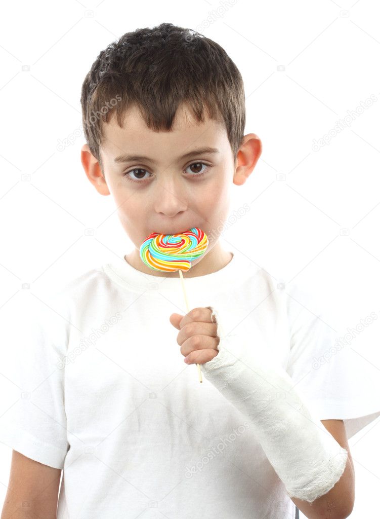 Boy with broken hand in cast