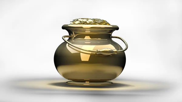 Goldener Topf voller Goldmünzen isoliert auf weißem Hintergrund 3D-Render. mit — Stockfoto