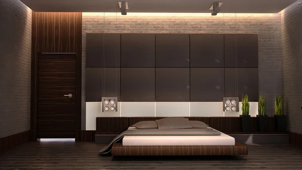 Modern bedroom with brown bedl 3d — Stock Photo, Image