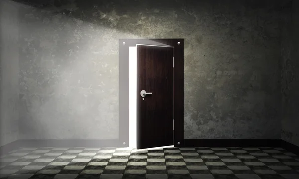 Luminosa luce attraverso una porta aperta nella stanza vuota backgraund 3d — Foto Stock