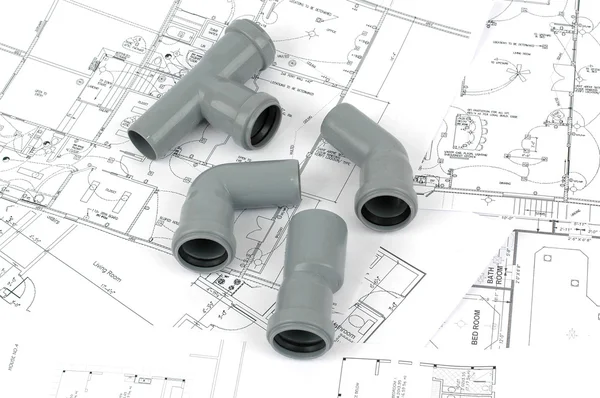PVC fittings for drainage on the bathroom renovation plans — Stock Photo, Image