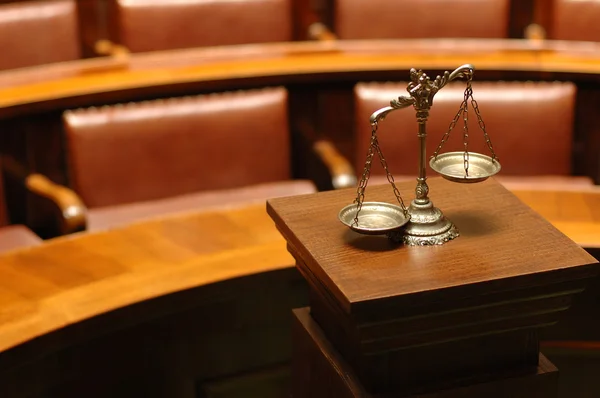 Decorative Scales of Justice in the Courtroom Stock Image