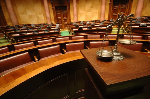 Decorative Scales of Justice in the Courtroom Stock Image