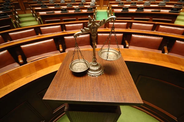 Decorative Scales of Justice in the Courtroom Stock Photo