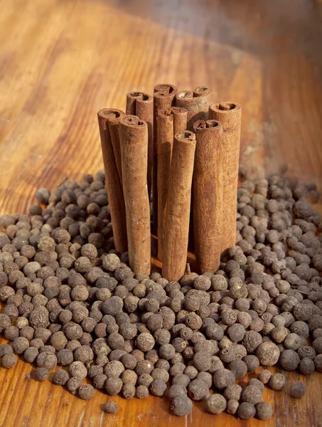 Composition of cinnamon and pepper — Stock Photo, Image