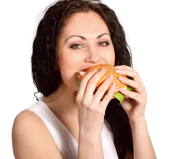 Młoda kobieta z hamburgera — Zdjęcie stockowe
