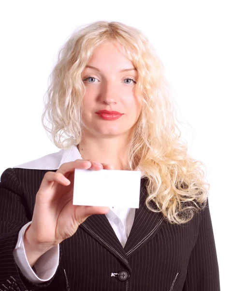 Blonde vrouw bedrijf lege kaart — Stockfoto