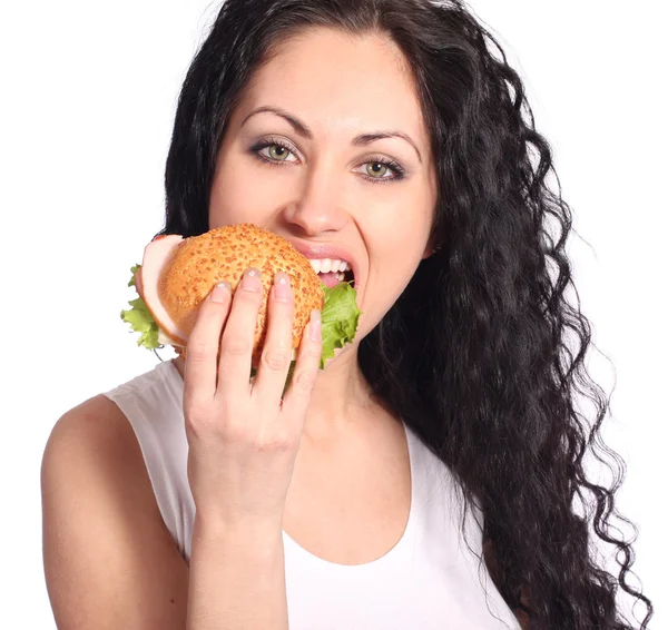 Femme avec hamburger Photos De Stock Libres De Droits