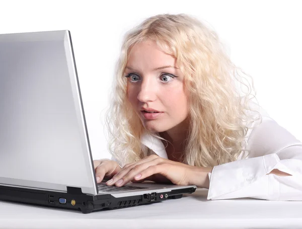 Young blond woman with laptop — Stock Photo, Image