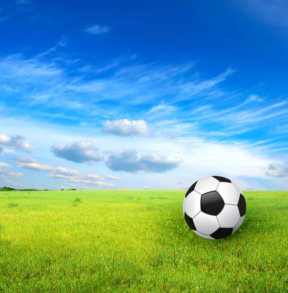 Bola de futebol e grama verde — Fotografia de Stock