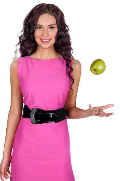Młoda kobieta z zielonym jabłkiem na białym tle — Zdjęcie stockowe