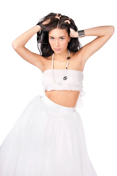 Young woman in white outfit isolated — Stock Photo, Image