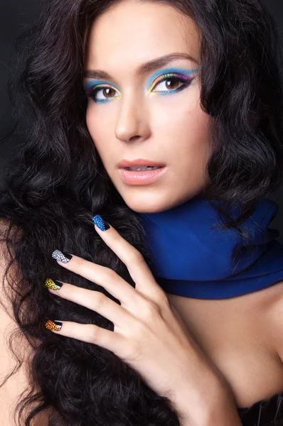 Woman with professional colourful make-up and sparkling manicure — Stock Photo, Image