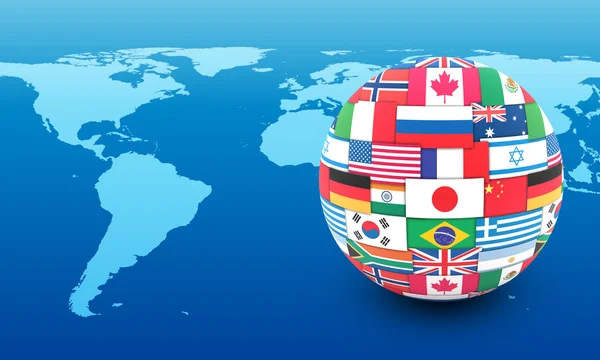 Concepto de comunicación internacional. Banderas del mundo en globo —  Fotos de Stock