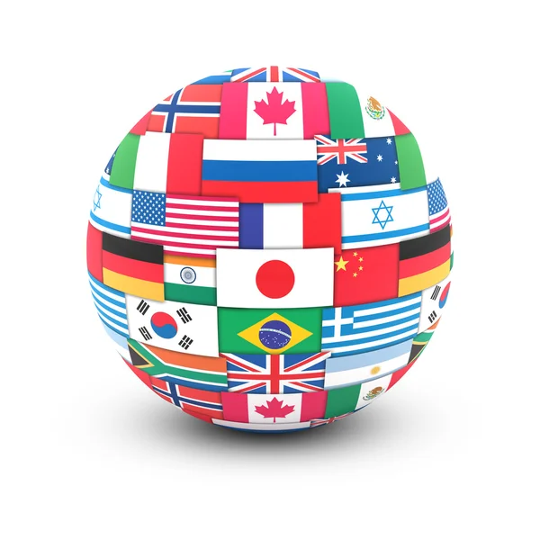 Concetto di comunicazione internazionale. Bandiere del mondo sul globo — Foto Stock