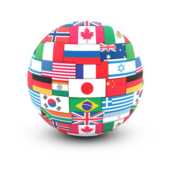 International communication concept. World flags on globe