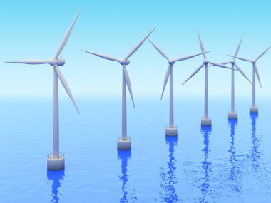 Many Windmills on sea. Renewable energy 3d concept clipart