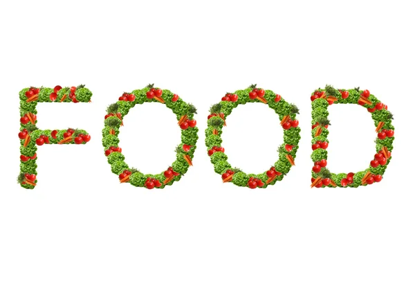La palabra Comida hecha de verduras aisladas en el blanco Imagen De Stock